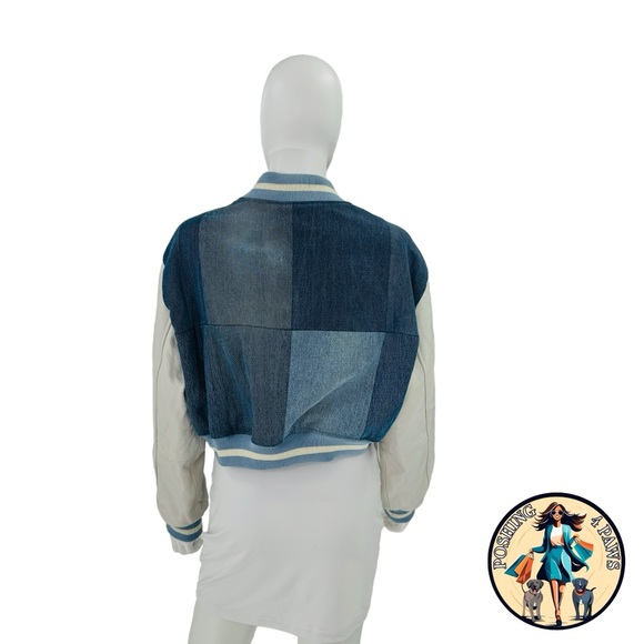 EB Denim Cropped Varsity Denim Patchwork Leather Jacket in Blue & White Size L - Picture 6 of 14